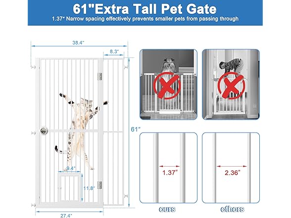 ROOMTEC 61" Extra Tall Cat Gate for Doorway, 38.4"-40.8"