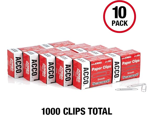 ACCO Brands Paper Clips, Jumbo, Smooth, Economy, 10 Box