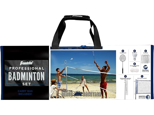 Franklin Sports Badminton Set - Backyard Badminton Net Set - Rackets and Birdies Included - Backyard or Beach Badminton Set - Professional Set, White (52633)