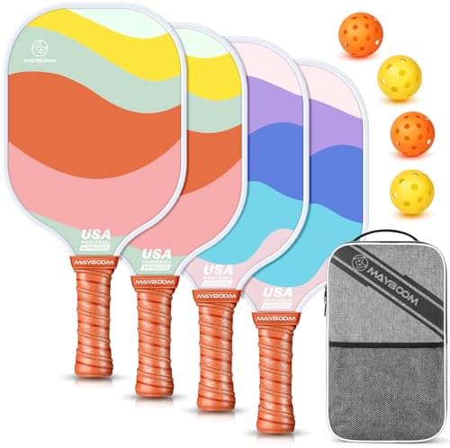 Mayboom Pickleball Paddles Set of 4, USAPA Approved Pickleball Set with 4 Pickleball Balls and Pickleball Bag, Fiberglass Pickle Ball Rackets 2 Pack for Beginner(4setWave)