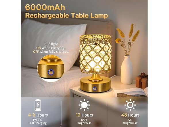 TOBUSA Gold Crystal Rechargeable Cordless Table Lamp