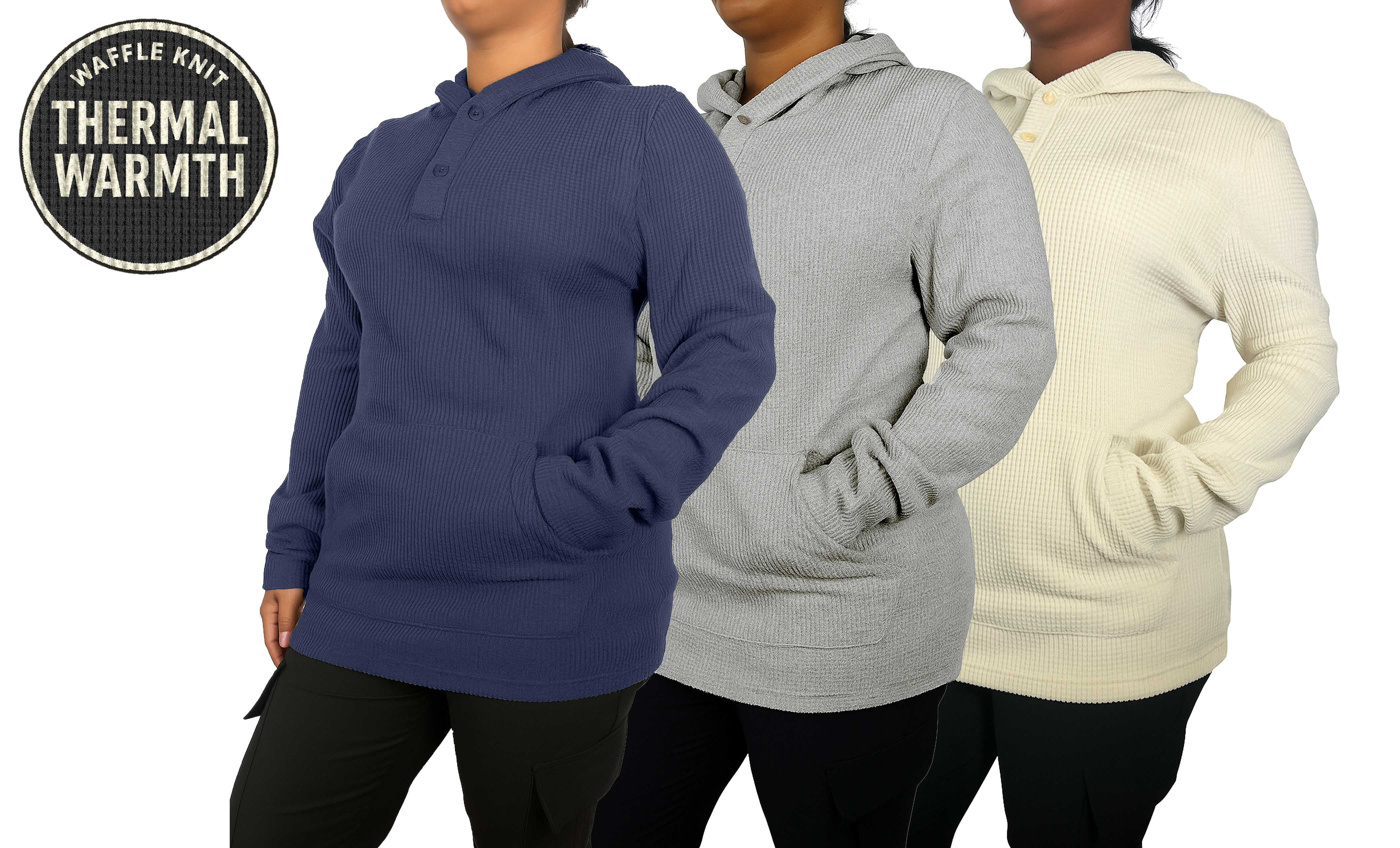 3Pk Womens Waffle-Knit Henley Pullover Hoodie - Gallery 12