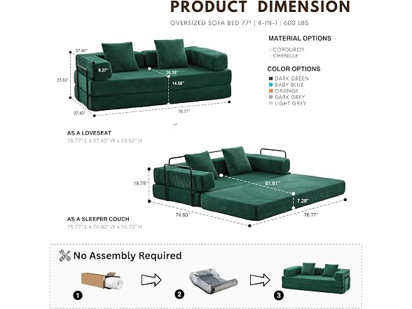 Alpen 77" Futon Sofa, Floor Foldable Sofa Couch