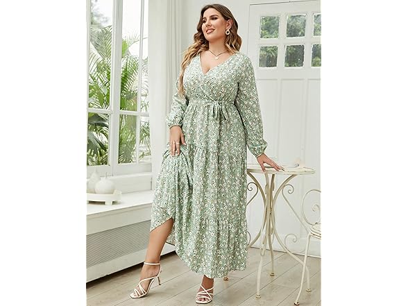 KOJOOIN Wrap Maxi Dress Green Flower (XL)