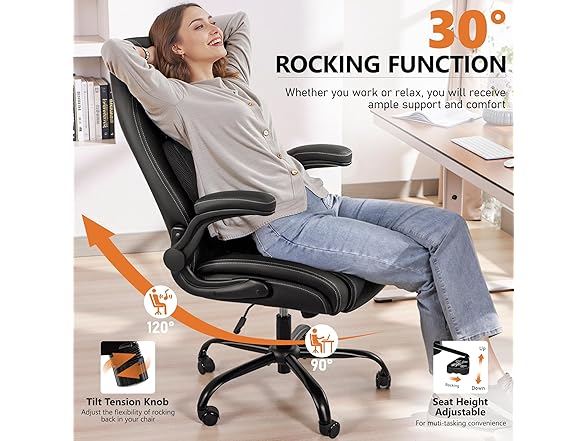 BESTFAIR Office Chair, Ergonomic Computer Desk Chairs with Lumbar Support for Lower Back Pain Relief, Executive Leather Home Chair Comfy with Padded Flip-up Armrests, Black (Open Box)