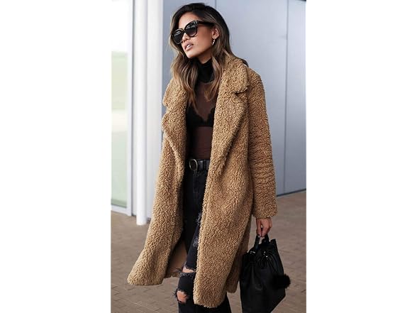 Angashion Women (L) Fuzzy Fleece Lapel Fur Jackets