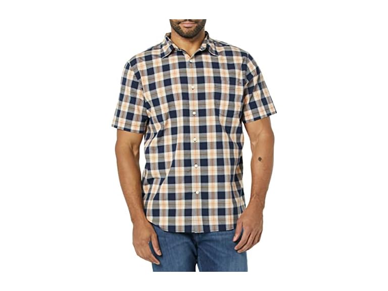 Amazon Essentials Men's Slim-Fit Short-Sleeve Poplin Shirt, Navy Gold Plaid, Large