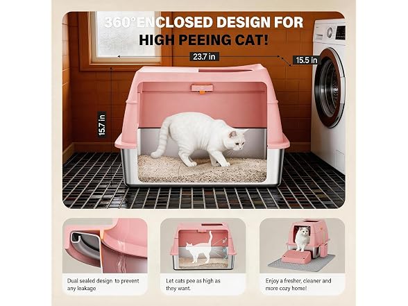 CatbruLop Stainless Steel Litter Box with Lid, Pink