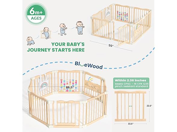 Foldable Wooden Playpen - Adjustable Wood Baby Play Yard with Child-Proof Lock, Indoor Large Safety Fence for Babies and Toddlers - Easy Assembly, 55 x 55 x 24 inches, Rainbow Dream, Natural (Open Box)
