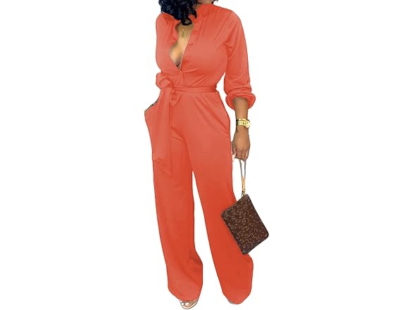 SeNight Women (3XL) V Neck Jumpsuit Long Wide Belt