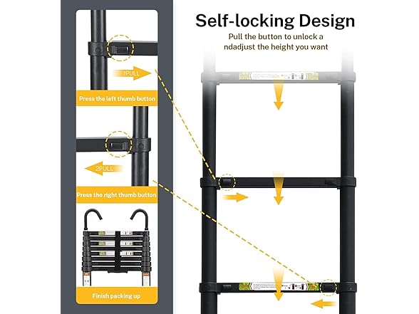 RIKADE Telescopic Ladder, 6.5 ft Aluminum Telescoping Ladder with Non-Slip Feet and Stable Hook, Portable Extension Ladder for Household and Outdoor Working, Max Load 330 lb, Black (Open Box)
