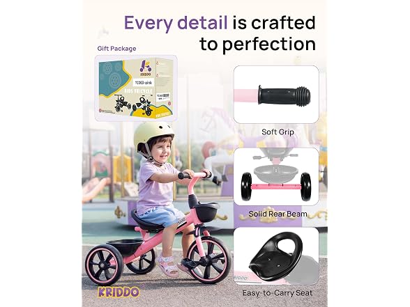 KRIDDO Toddler Tricycle, Tool-Free Trike, Pink