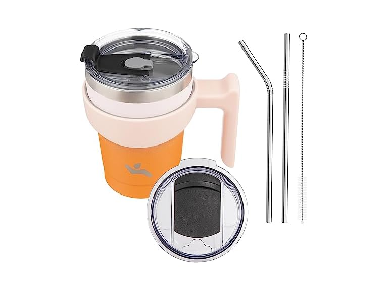 Konokyo 10 oz Tumbler with Handle and 2 Straw 2 Lid, Insulated Water Bottle Stainless Steel Vacuum Cup Reusable Travel Mug,Coral