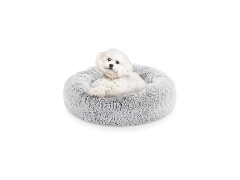 FluffyDream 24 Inch Donut Dog Bed, Calming Plush Fur Cuddle Bed for Dogs and Cats, Grey Washable Round