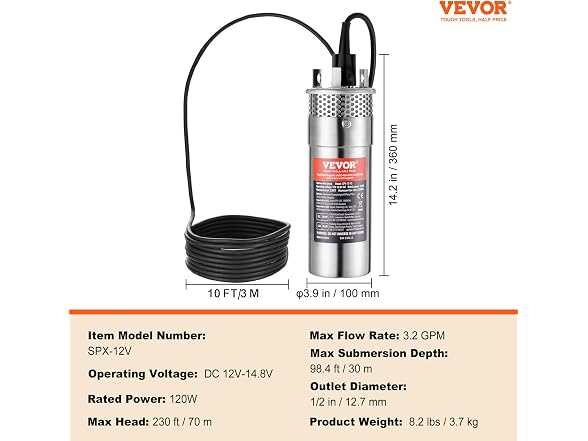 Solar Water Pump, 12V DC 120W Submersible Deep