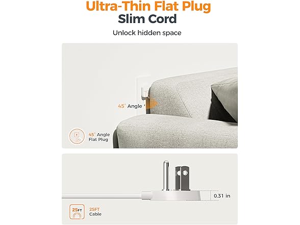 TESSAN 25ft Cord Power Strip (4 Outlets, 1 USB-C, 2 USB-A)