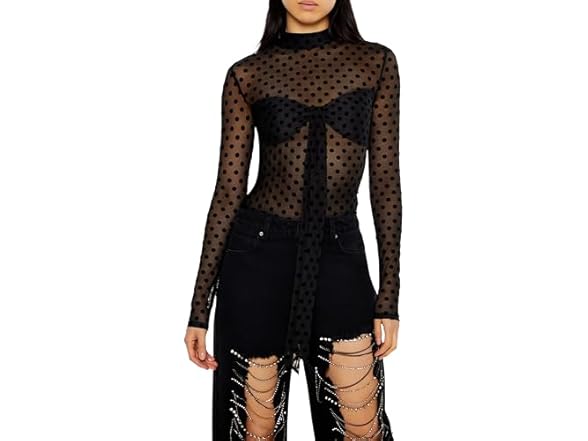 Forever 21 Women (S) Mesh Polka Dot Mock Neck Top