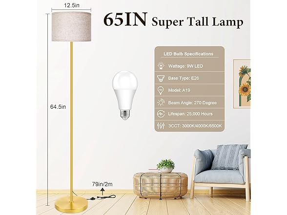 TOBUSA 65‘’ Gold Floor Lamp with 3-Color LED Bulb