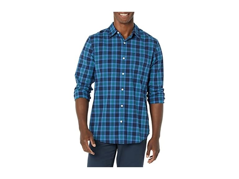 Amazon Essentials Men's Long-Sleeve Slim-Fit Stretch Poplin Shirt, Green Navy Plaid, X-Small