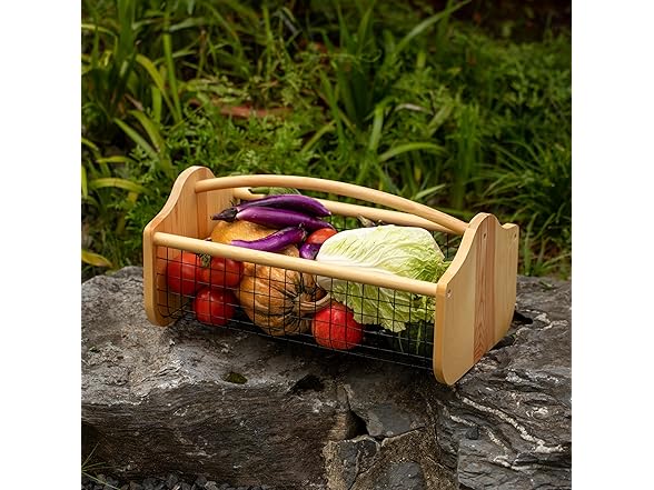 Gardenised Vintage Harvest Basket Pine Wood & Metal Mesh 