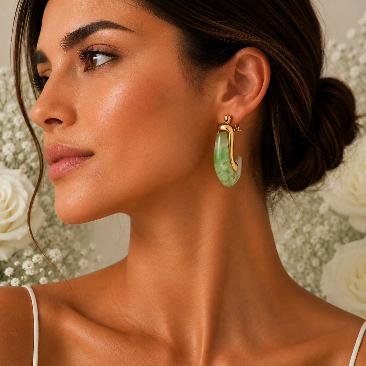 18K Gold Green Resin Hoop Earrings - Gallery 6