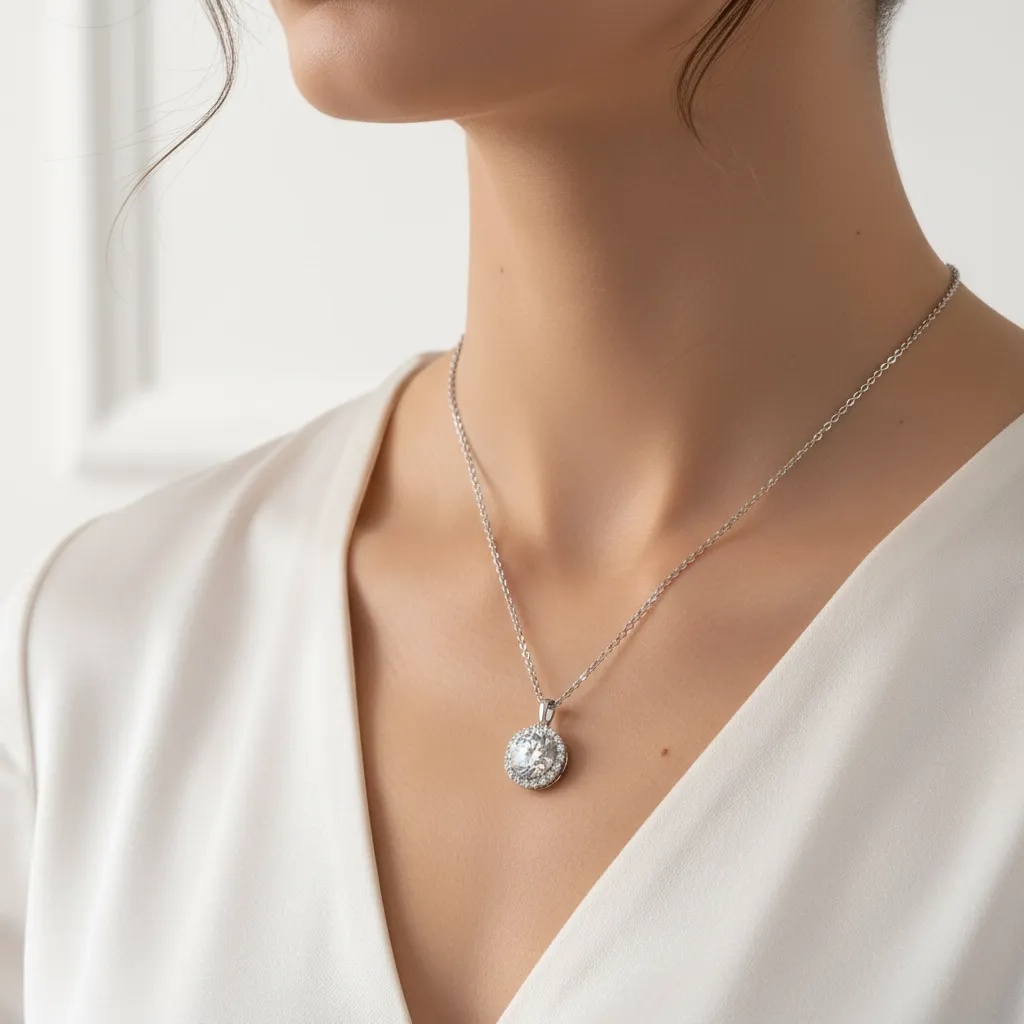 Moissanite Diamond Round Halo Necklace - Gallery 8