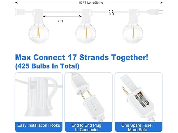 Bosceos Outdoor G40 LED Globe String Lights 50FT