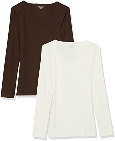 Amazon Essentials Women's Slim-Fit Layering Long Sleeve Knit Rib V-Neck Shirts (Available in Plus Size), Pack of 2, Eggshell White/Espresso, Medium