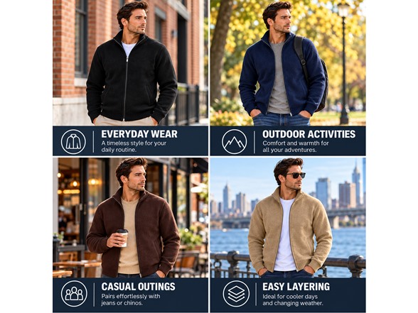 3Pk Mens Fleece Lined Full Zip Knit Sweaters