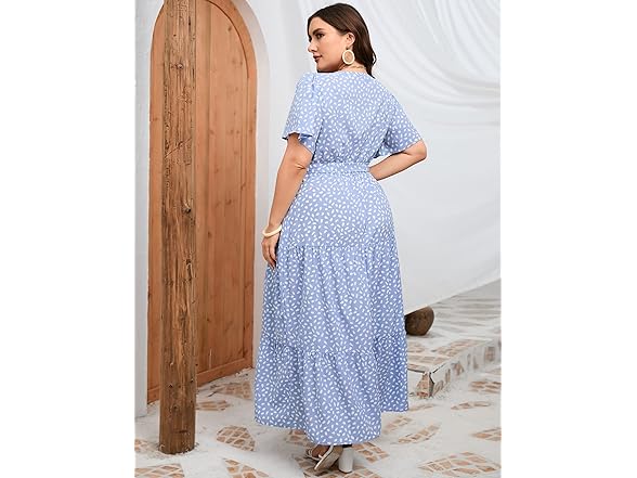 KOJOOIN Womens Wrap Maxi Dress Blue Dot (2XL)