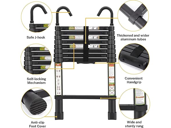 RIKADE Telescopic Ladder, 6.5 ft Aluminum Telescoping Ladder with Non-Slip Feet and Stable Hook, Portable Extension Ladder for Household and Outdoor Working, Max Load 330 lb, Black (Open Box)