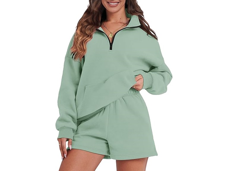 FKEEP Womens Sweatsuits 2 Piece Outfits Half Zip Sweatshirt Sweat Shorts with Pockets Lounge Sets(Green,Medium)