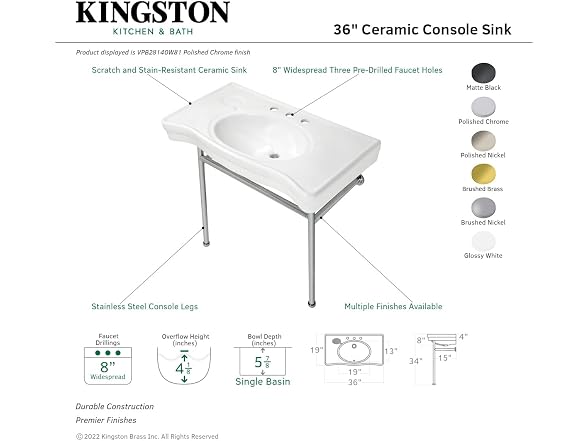 Kingston Brass 36" Ceramic Console Sink, White/Polished Nkl
