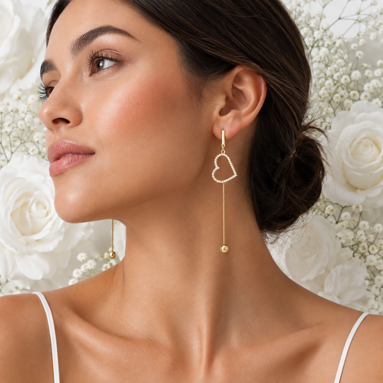 18K Gold CZ Heart Drop Earrings - Gallery 6