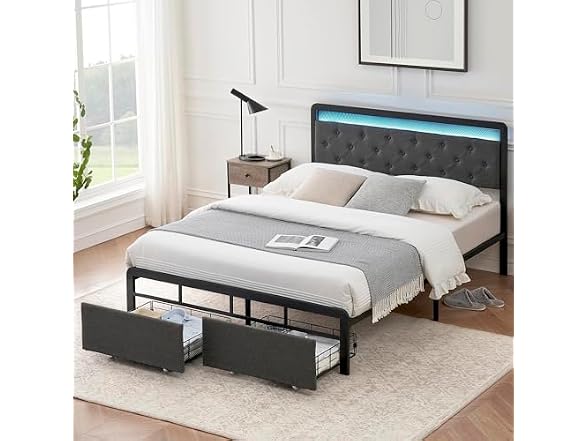 GAOMON Queen Bed w/ Drawers, LED, Grey