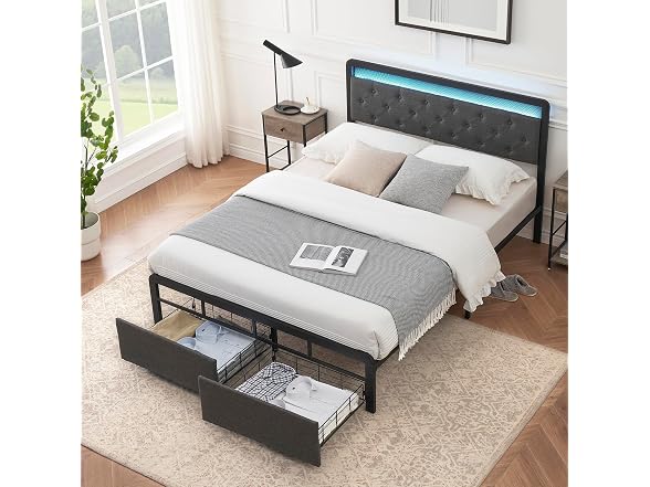 Queen Bed Frame w/ 2 Drawers, LED Light