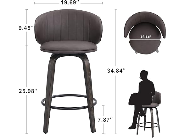 Modern Bar Stools Set of 2 Mid Century Bentwood Barstools Swivel Faux Leather Stools with Back for Kitchen Counter Restaurant, Brown (Open Box)