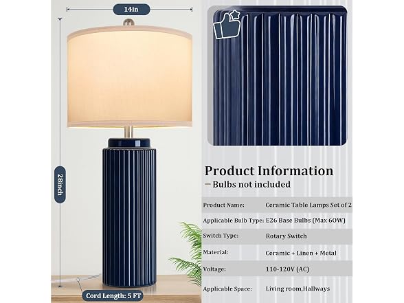 TOBUSA HKRC-TL-TB0311-BU-2 Dark Blue Ceramic Table Lamps
