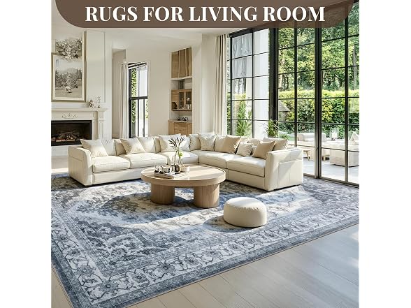 UKISS Blue Vintage Washable Rug 8'x10'