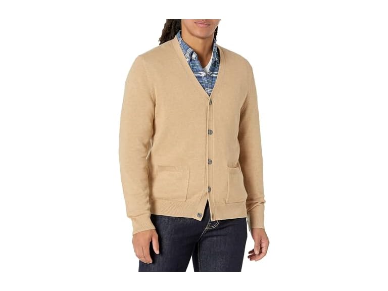 Amazon Essentials Men's Cotton Cardigan Sweater, Camel Heather, Small
