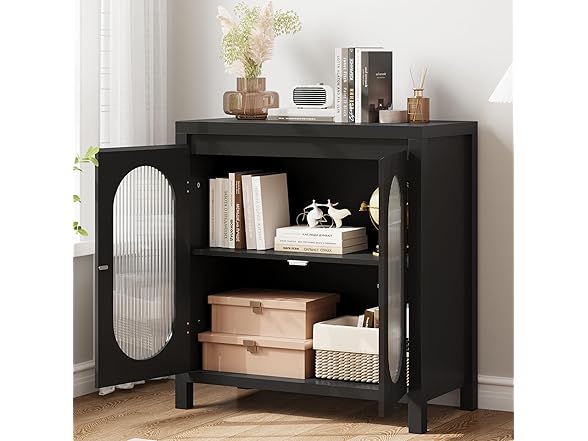 Retro Storage Cabinet, 30.1" Buffet Cabinet with Fluted Glass Doors Black