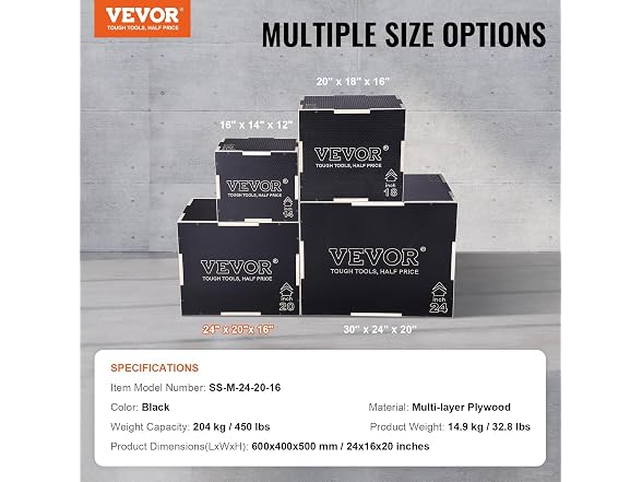 3 in 1 Plyometric Jump Box, 24/20/16 Inch Wooden