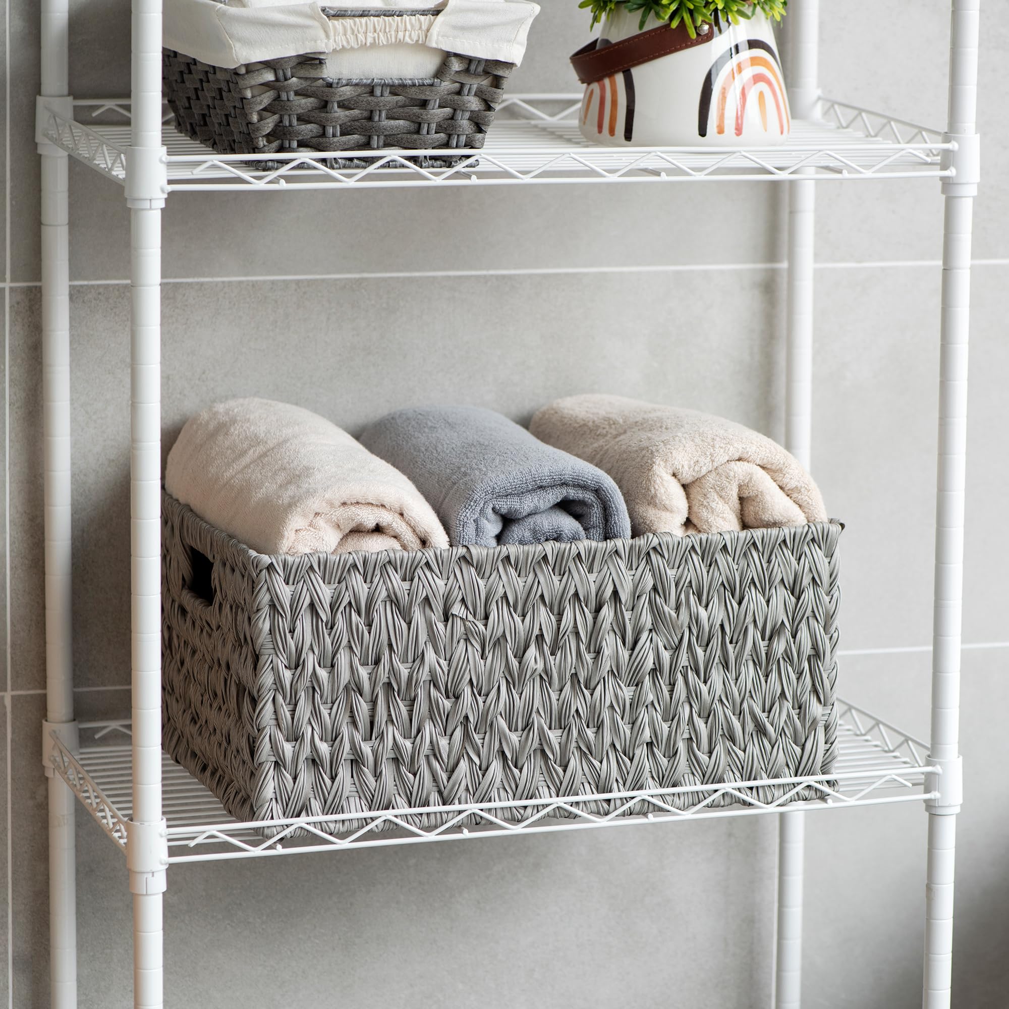 JS HOME Large Plastic Storage Basket with Handles,Grey - Gallery 4