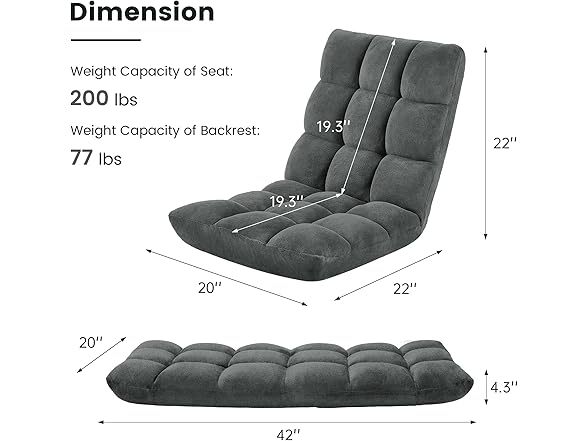Murago Folding Floor Chair with Back Support for Adults, Adjustable Japanese Meditation; Portable Gaming Chair Recliner Seat with Comfy Cushion, for Teens, Dark Grey (Open Box)