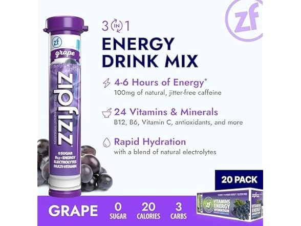 Zipfizz Daily Energy Drink Powder, Grape, 20 Pack