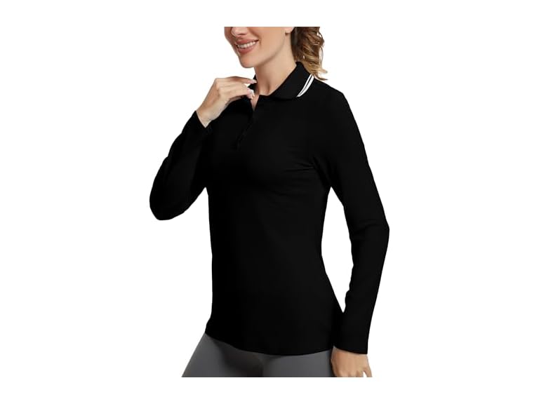 GGOV Women's Golf Polo Shirts Long Sleeve Workout Tops UPF 50+ Sun Protection Quick Dry Lightweight Active Tennis Shirts Black
