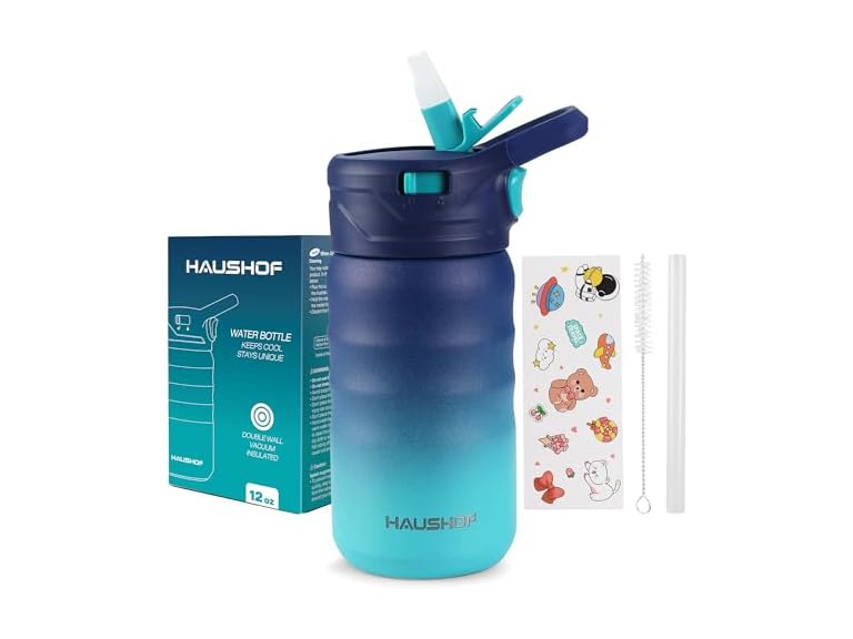 HAUSHOF Kids Water Bottle 12 oz BPA-free with Straw and Stickers, Stainless Steel Vacuum Double Wall Insulated cup with Leak Proof for school, Gift, Boys (Blue and Green)