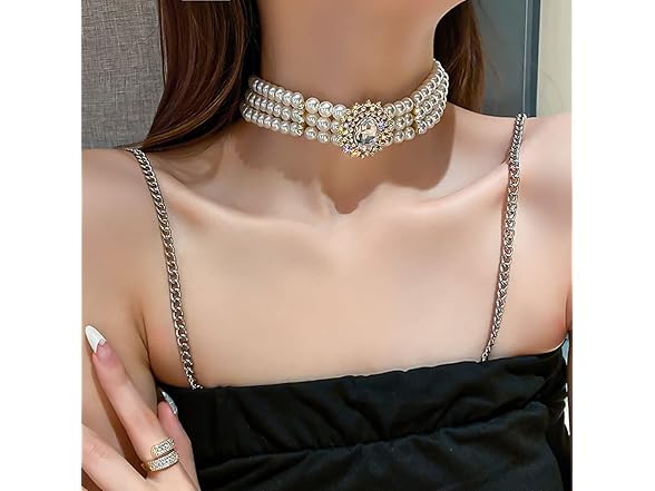 ELABEST Pearl Multi-Row Sparkly Necklace