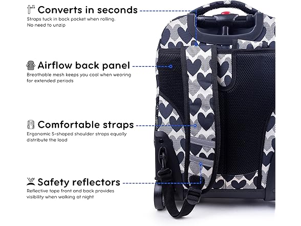 J World Sunrise Rolling Backpack, Heart Dot