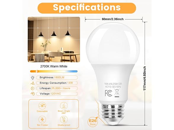 Brightever B0GVRXTWRK 14W A19 LED Light Bulbs 2700K 